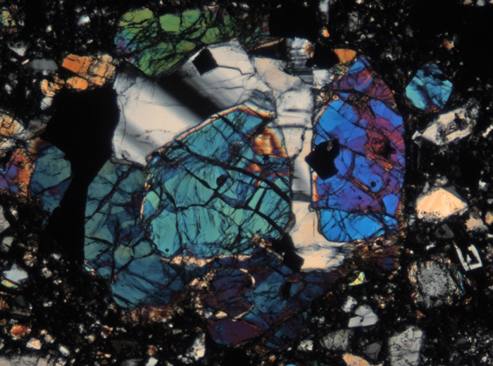Thin Section Photograph of Apollo 15 Sample 15465,94 in Cross-Polarized Light at 5x Magnification and 1.4 mm Field of View (View #4)