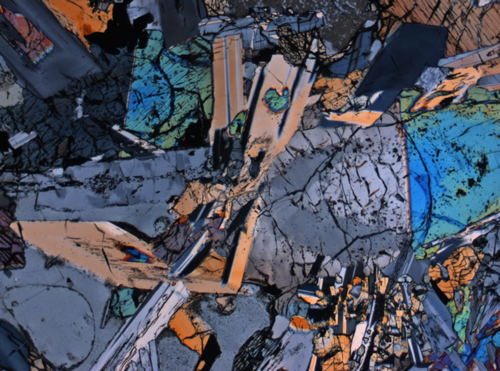 Thin Section Photograph of Apollo 15 Sample 15475,150 in Cross-Polarized Light at 2.5x Magnification and 2.85 mm Field of View (View #2)
