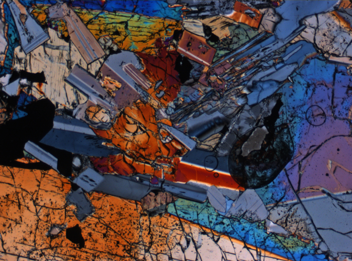Thin Section Photograph of Apollo 15 Sample 15475,150 in Cross-Polarized Light at 2.5x Magnification and 2.85 mm Field of View (View #3)