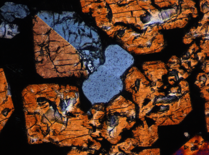 Thin Section Photograph of Apollo 15 Sample 15485,6 in Cross-Polarized Light at 10x Magnification and 0.7 mm Field of View (View #5)