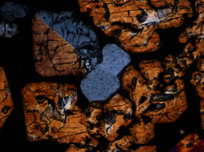 Thin Section Photograph of Apollo 15 Sample 15485,6 in Cross-Polarized Light at 10x Magnification and 0.7 mm Field of View (View #5)