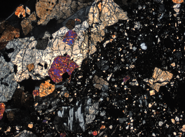 Thin Section Photograph of Apollo 15 Sample 15498,8 in Cross-Polarized Light at 2.5x Magnification and 2.85 mm Field of View (View #2)
