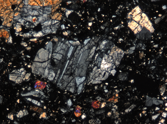 Thin Section Photograph of Apollo 15 Sample 15498,8 in Cross-Polarized Light at 5x Magnification and 1.4 mm Field of View (View #3)