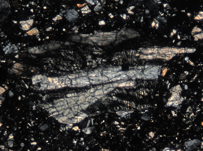 Thin Section Photograph of Apollo 15 Sample 15498,8 in Cross-Polarized Light at 5x Magnification and 1.4 mm Field of View (View #4)