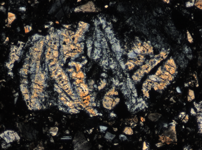 Thin Section Photograph of Apollo 15 Sample 15498,8 in Cross-Polarized Light at 10x Magnification and 0.7 mm Field of View (View #6)