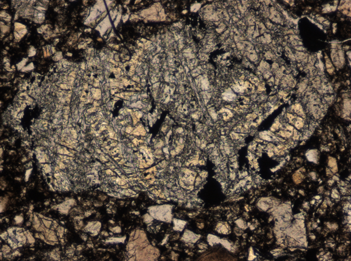 Thin Section Photograph of Apollo 15 Sample 15498,8 in Plane-Polarized Light at 10x Magnification and 0.7 mm Field of View (View #6)