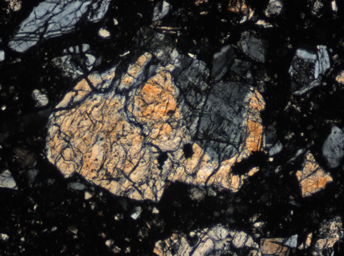 Thin Section Photograph of Apollo 15 Sample 15498,8 in Cross-Polarized Light at 10x Magnification and 0.7 mm Field of View (View #7)