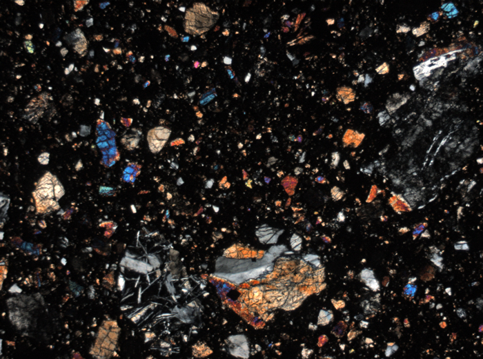 Thin Section Photograph of Apollo 15 Sample 15505,53 in Cross-Polarized Light at 2.5x Magnification and 2.85 mm Field of View (View #1)