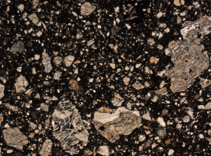Thin Section Photograph of Apollo 15 Sample 15505,53 in Plane-Polarized Light at 2.5x Magnification and 2.85 mm Field of View (View #1)