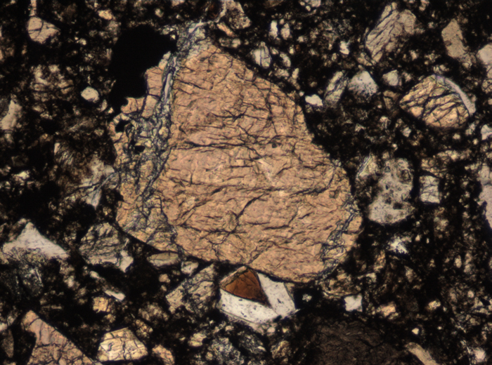 Thin Section Photograph of Apollo 15 Sample 15505,53 in Plane-Polarized Light at 10x Magnification and 0.7 mm Field of View (View #6)
