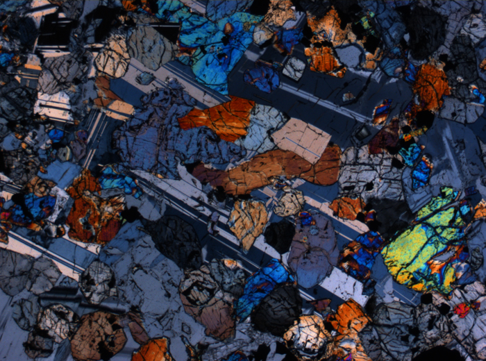 Thin Section Photograph of Apollo 15 Sample 15536,5 in Cross-Polarized Light at 2.5x Magnification and 2.85 mm Field of View (View #2)