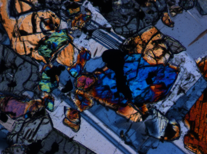 Thin Section Photograph of Apollo 15 Sample 15536,5 in Cross-Polarized Light at 10x Magnification and 0.7 mm Field of View (View #4)
