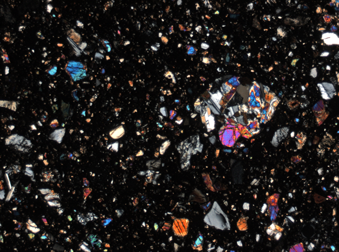 Thin Section Photograph of Apollo 15 Sample 15558,17 in Cross-Polarized Light at 2.5x Magnification and 2.85 mm Field of View (View #1)