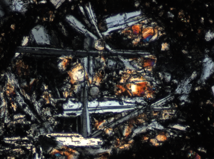 Thin Section Photograph of Apollo 15 Sample 15558,17 in Cross-Polarized Light at 10x Magnification and 0.7 mm Field of View (View #3)