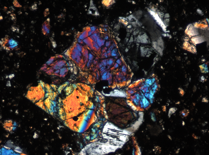 Thin Section Photograph of Apollo 15 Sample 15558,17 in Cross-Polarized Light at 10x Magnification and 0.7 mm Field of View (View #4)