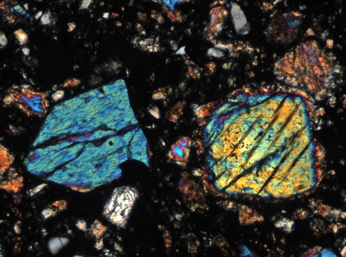 Thin Section Photograph of Apollo 15 Sample 15558,17 in Cross-Polarized Light at 10x Magnification and 0.7 mm Field of View (View #5)