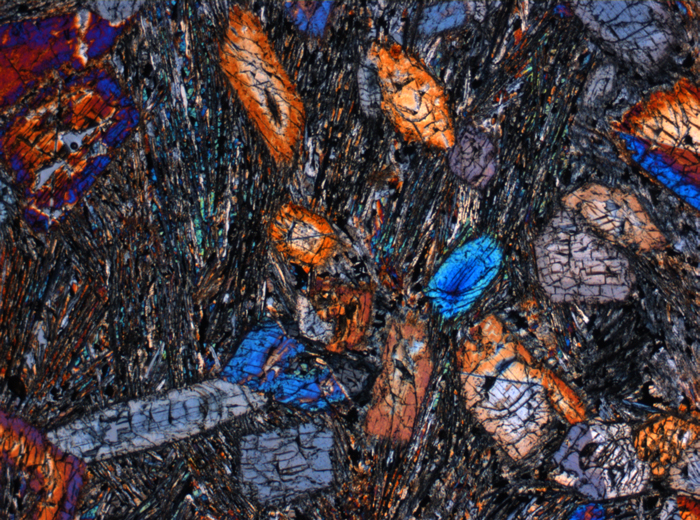 Thin Section Photograph of Apollo 15 Sample 15596,12 in Cross-Polarized Light at 2.5x Magnification and 2.85 mm Field of View (View #1)