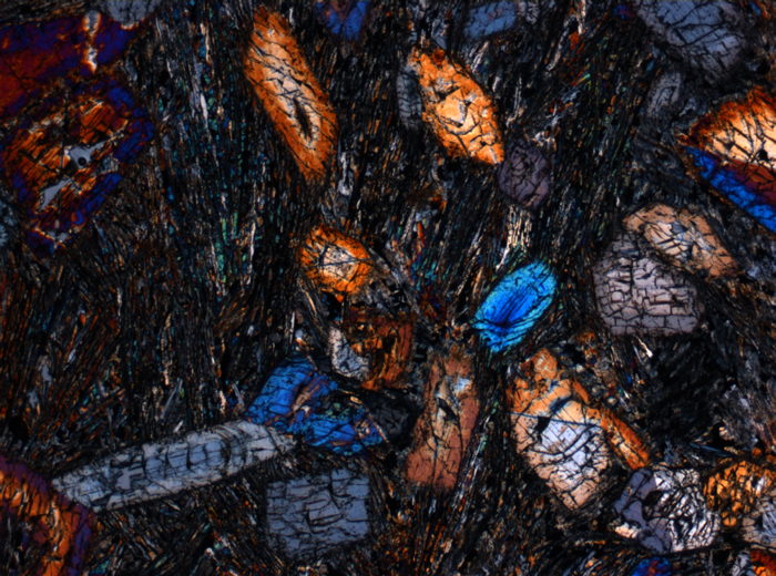 Thin Section Photograph of Apollo 15 Sample 15596,12 in Cross-Polarized Light at 2.5x Magnification and 2.85 mm Field of View (View #1)