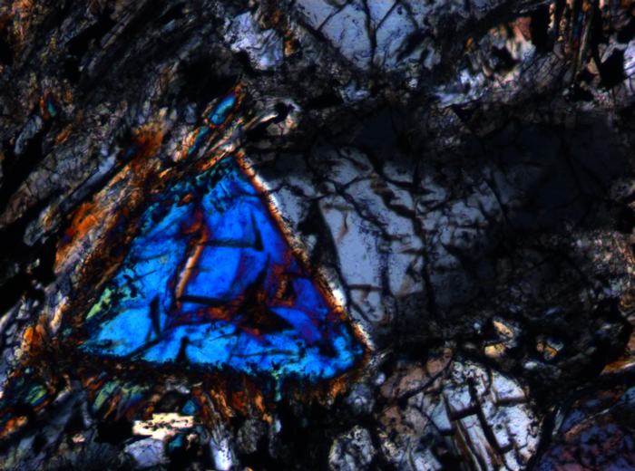 Thin Section Photograph of Apollo 15 Sample 15596,12 in Cross-Polarized Light at 10x Magnification and 0.7 mm Field of View (View #4)
