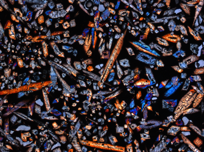 Thin Section Photograph of Apollo 15 Sample 15597,18 in Cross-Polarized Light at 2.5x Magnification and 2.85 mm Field of View (View #1)