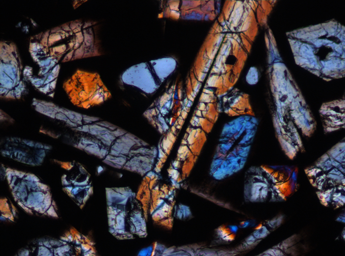 Thin Section Photograph of Apollo 15 Sample 15597,18 in Cross-Polarized Light at 10x Magnification and 0.7 mm Field of View (View #2)