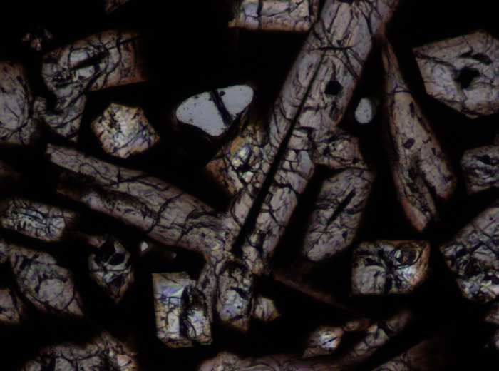 Thin Section Photograph of Apollo 15 Sample 15597,18 in Plane-Polarized Light at 10x Magnification and 0.7 mm Field of View (View #2)