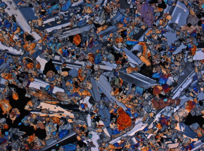 Thin Section Photograph of Apollo 15 Sample 15598,12 in Cross-Polarized Light at 2.5x Magnification and 2.85 mm Field of View (View #1)