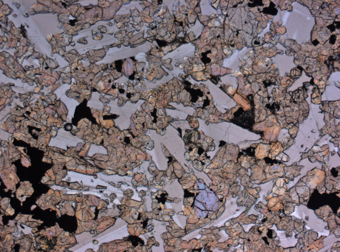 Thin Section Photograph of Apollo 15 Sample 15598,12 in Plane-Polarized Light at 2.5x Magnification and 2.85 mm Field of View (View #1)