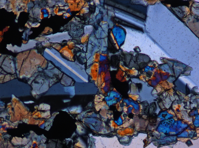 Thin Section Photograph of Apollo 15 Sample 15598,12 in Cross-Polarized Light at 10x Magnification and 0.7 mm Field of View (View #3)