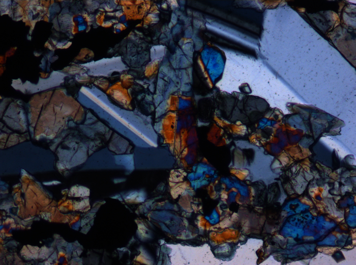 Thin Section Photograph of Apollo 15 Sample 15598,12 in Cross-Polarized Light at 10x Magnification and 0.7 mm Field of View (View #3)