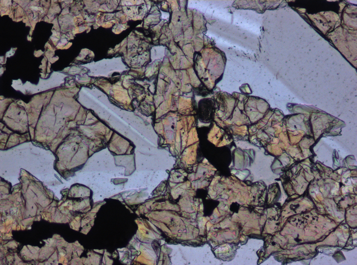 Thin Section Photograph of Apollo 15 Sample 15598,12 in Plane-Polarized Light at 10x Magnification and 0.7 mm Field of View (View #3)