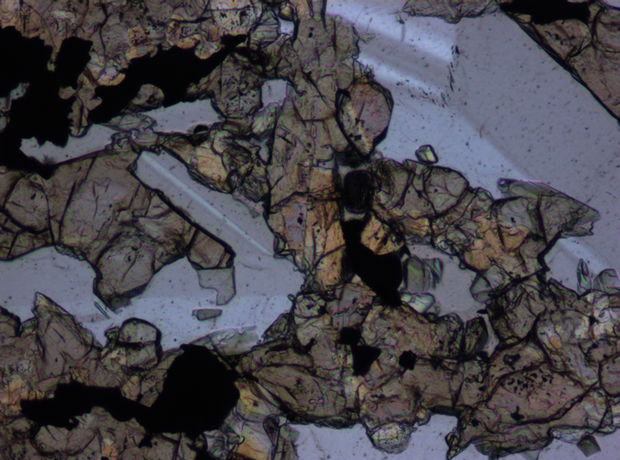 Thin Section Photograph of Apollo 15 Sample 15598,12 in Plane-Polarized Light at 10x Magnification and 0.7 mm Field of View (View #3)