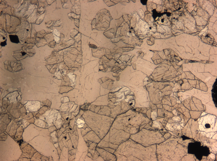 Thin Section Photograph of Apollo 15 Sample 15607,6 in Plane-Polarized Light at 5x Magnification and 1.4 mm Field of View (View #2)