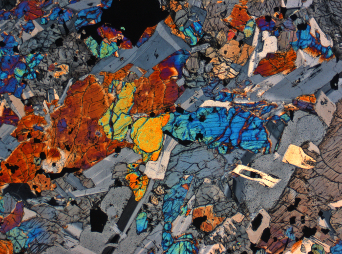 Thin Section Photograph of Apollo 15 Sample 15663,11 in Cross-Polarized Light at 2.5x Magnification and 2.85 mm Field of View (View #1)
