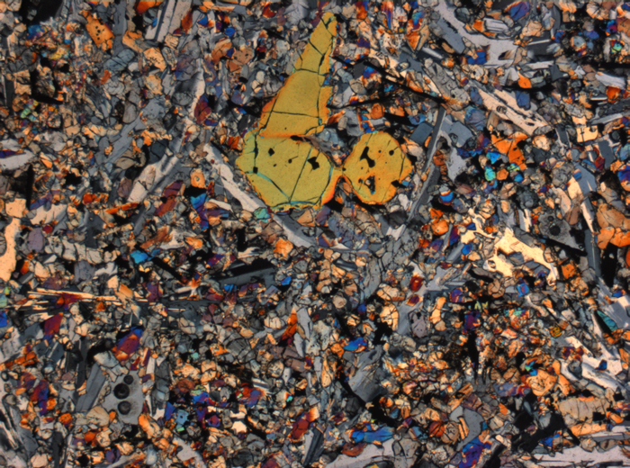 Thin Section Photograph of Apollo 15 Sample 15665,13 in Cross-Polarized Light at 2.5x Magnification and 2.85 mm Field of View (View #1)