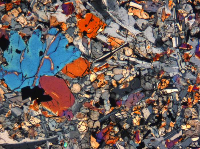 Thin Section Photograph of Apollo 15 Sample 15665,13 in Cross-Polarized Light at 5x Magnification and 1.4 mm Field of View (View #2)