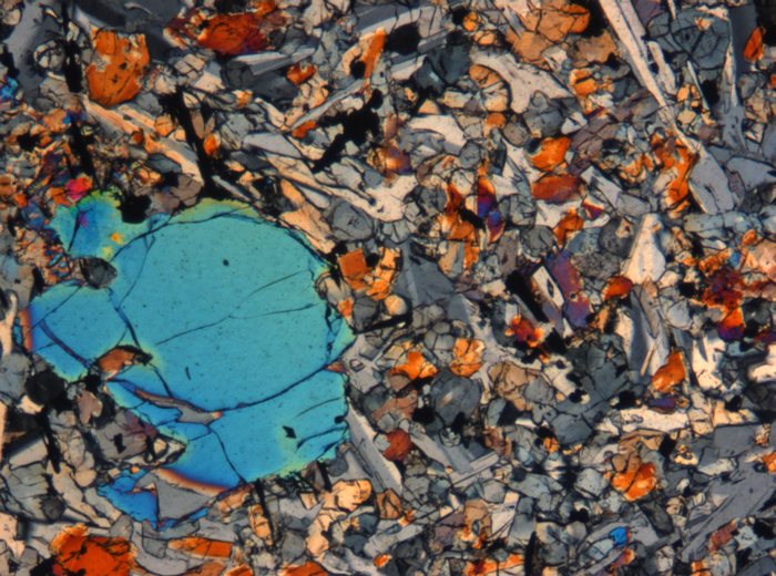 Thin Section Photograph of Apollo 15 Sample 15665,13 in Cross-Polarized Light at 5x Magnification and 1.4 mm Field of View (View #3)