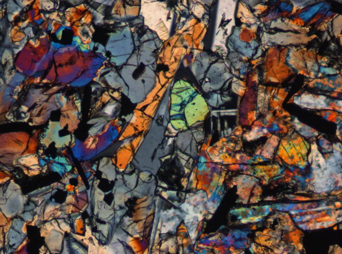 Thin Section Photograph of Apollo 15 Sample 15665,13 in Cross-Polarized Light at 10x Magnification and 0.7 mm Field of View (View #4)