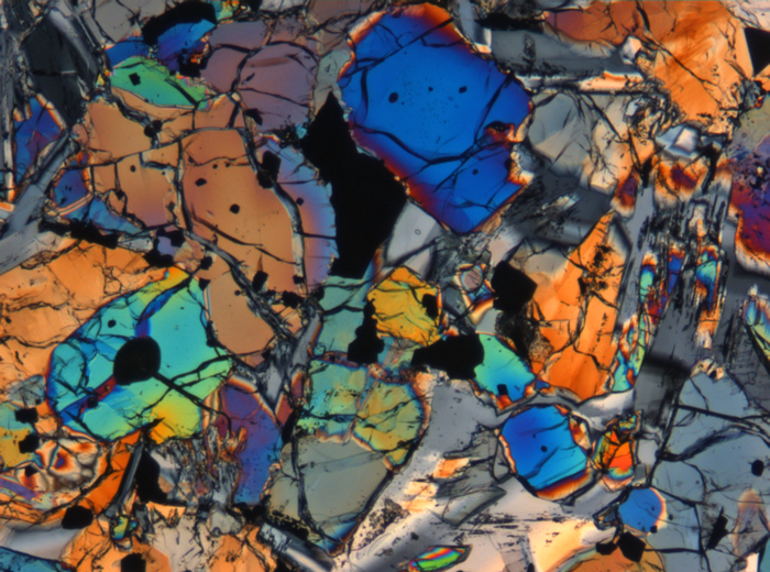 Thin Section Photograph of Apollo 15 Sample 15672,13 in Cross-Polarized Light at 5x Magnification and 1.4 mm Field of View (View #1)