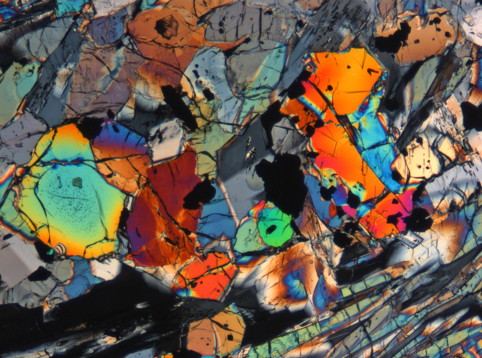 Thin Section Photograph of Apollo 15 Sample 15672,13 in Cross-Polarized Light at 5x Magnification and 1.4 mm Field of View (View #2)