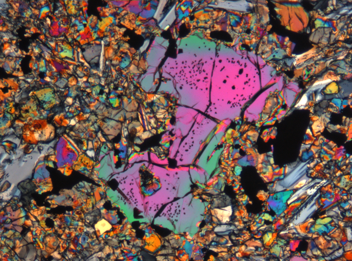 Thin Section Photograph of Apollo 15 Sample 15676,14 in Cross-Polarized Light at 5x Magnification and 1.4 mm Field of View (View #4)