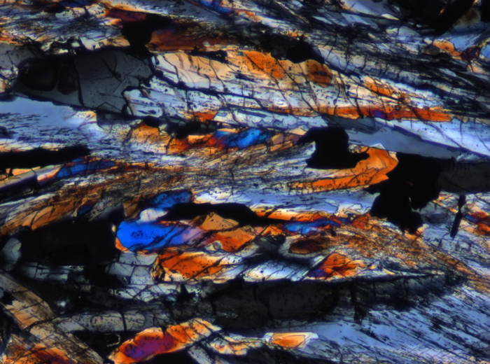 Thin Section Photograph of Apollo 15 Sample 15682,6 in Cross-Polarized Light at 10x Magnification and 0.7 mm Field of View (View #3)