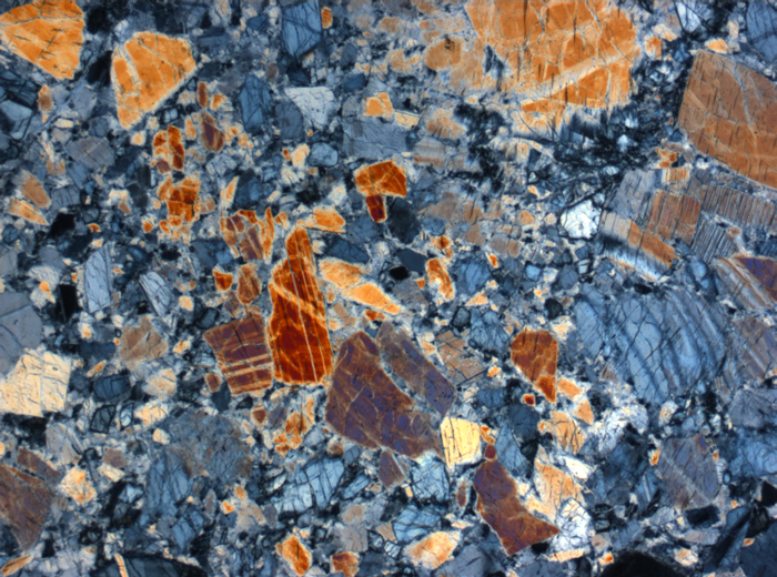 Thin Section Photograph of Apollo 16 Sample 60025,269 in Cross-Polarized Light at 10x Magnification and 0.7 mm Field of View (View #9)