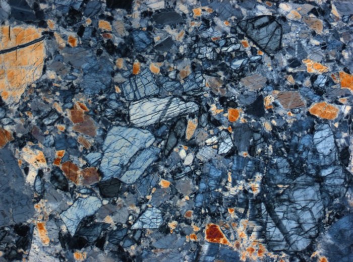 Thin Section Photograph of Apollo 16 Sample 60025,269 in Cross-Polarized Light at 10x Magnification and 0.7 mm Field of View (View #26)