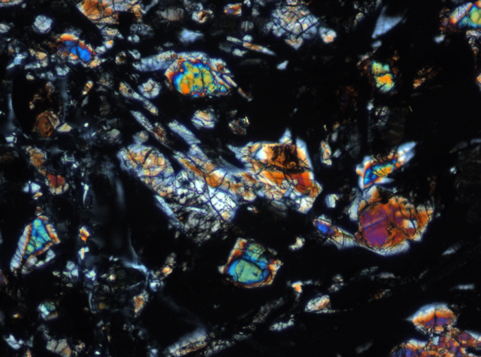 Thin Section Photograph of Apollo 16 Sample 61016,220 in Cross-Polarized Light at 10x Magnification and 1.15 mm Field of View (View #2)