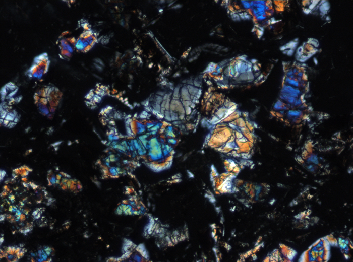 Thin Section Photograph of Apollo 16 Sample 61016,220 in Cross-Polarized Light at 10x Magnification and 1.15 mm Field of View (View #4)