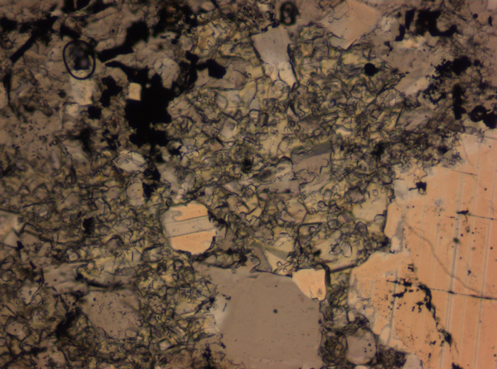 Thin Section Photograph of Apollo 16 Sample 65015,164 in Plane-Polarized Light at 2.5x Magnification and 2.85 mm Field of View (View #3)