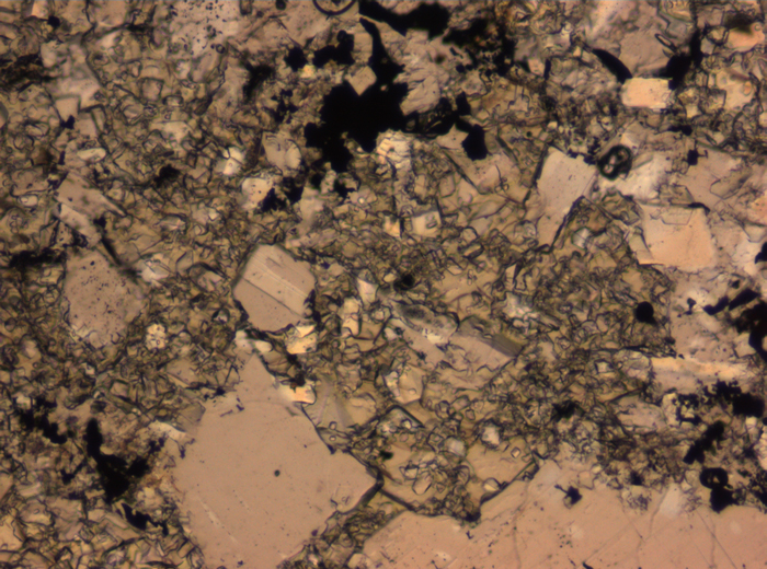 Thin Section Photograph of Apollo 16 Sample 65015,164 in Plane-Polarized Light at 2.5x Magnification and 2.85 mm Field of View (View #12)