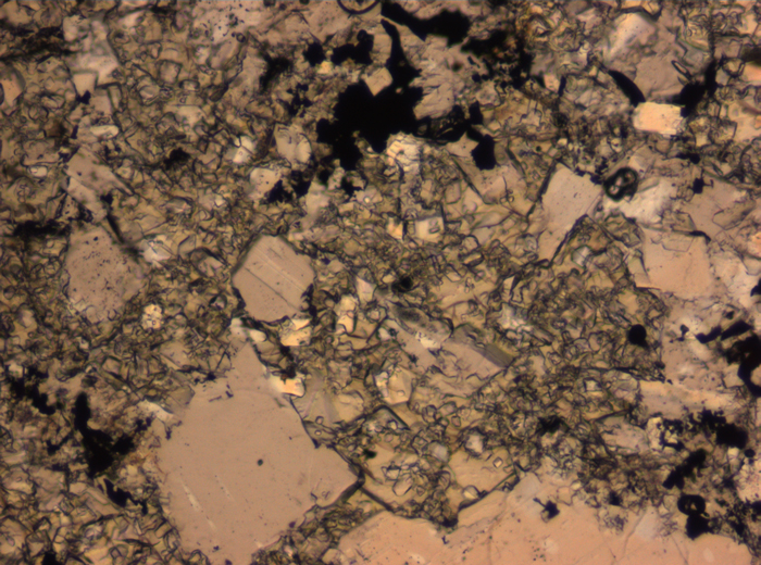 Thin Section Photograph of Apollo 16 Sample 65015,164 in Plane-Polarized Light at 2.5x Magnification and 2.85 mm Field of View (View #13)