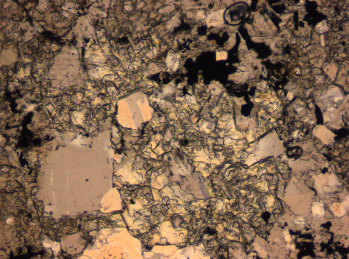 Thin Section Photograph of Apollo 16 Sample 65015,164 in Plane-Polarized Light at 2.5x Magnification and 2.85 mm Field of View (View #19)